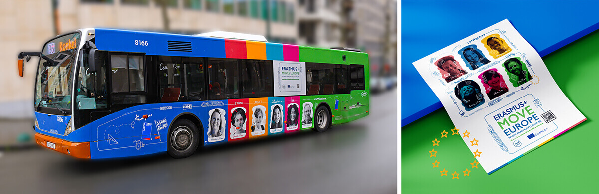 Covering complet de bus, affiches et rooftops pour la campagne Erasmus+ Moves Europe
